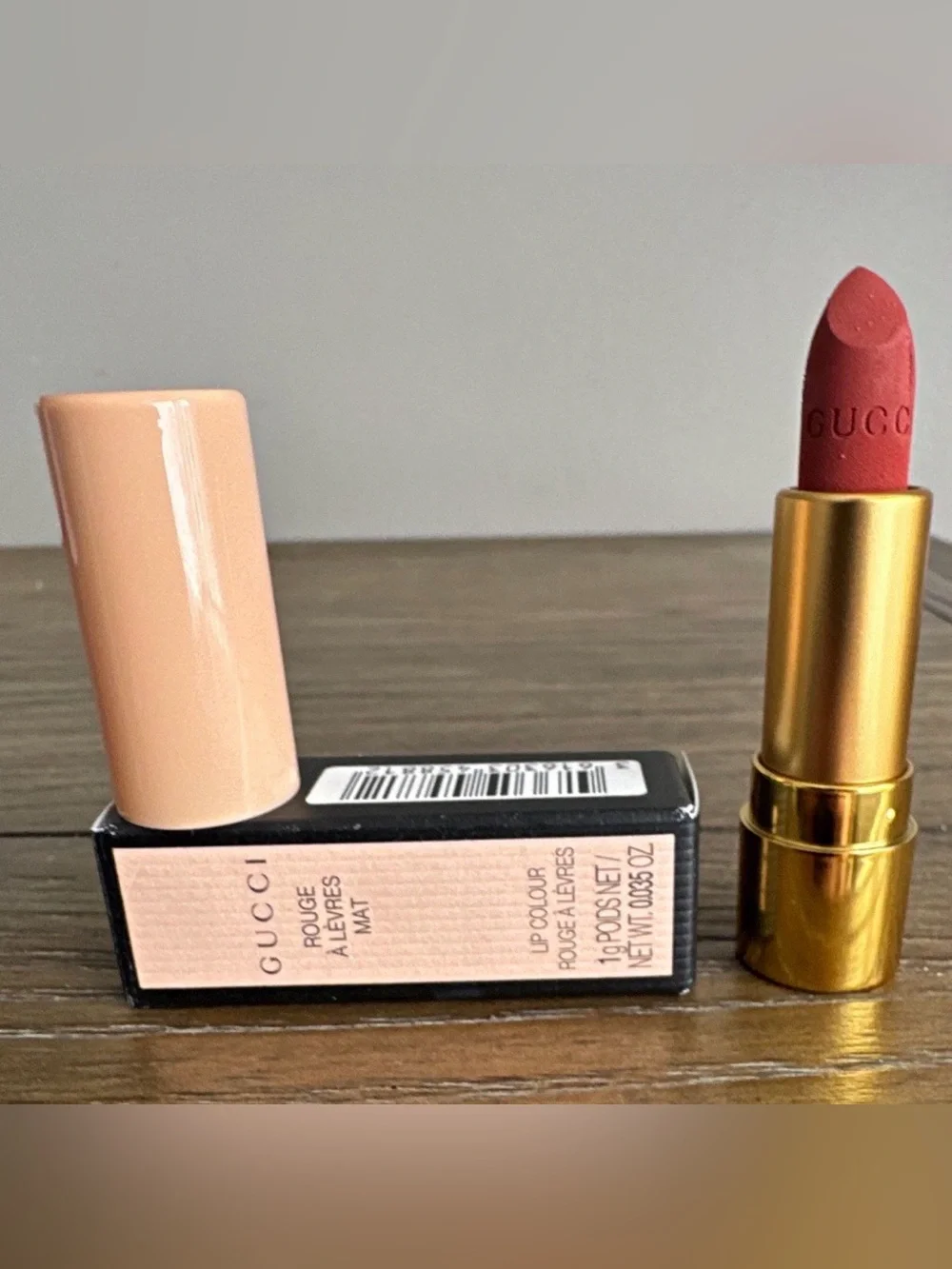 Gucci Matte Lipstick in Blush Pink Case with Gold Tube and Red Bullet